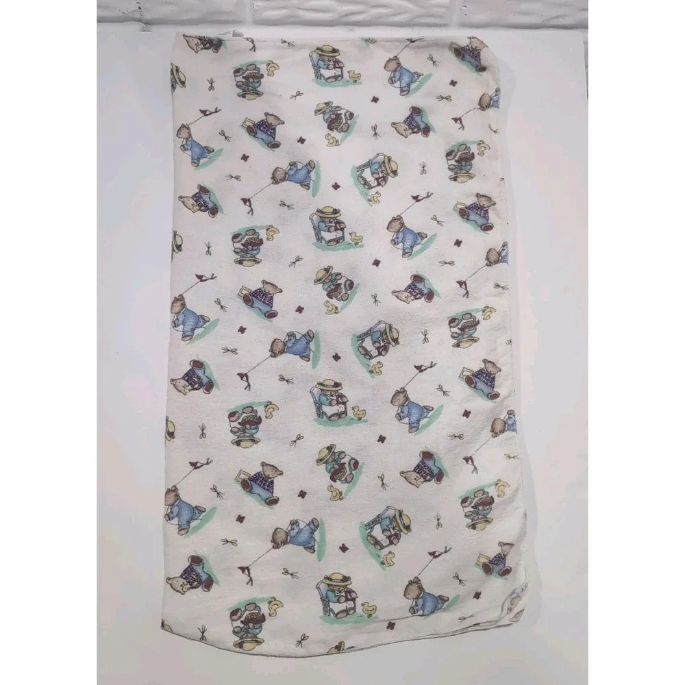Vintage Baby Blanket Teddy Bear Kite Chicks Butterflies White Receiving Lovey